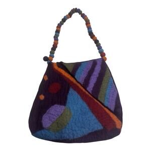 RISING TIDE Purple Hand Stitch Round Wool Felt Ball Bag Boho Artsy Hippie Nepal